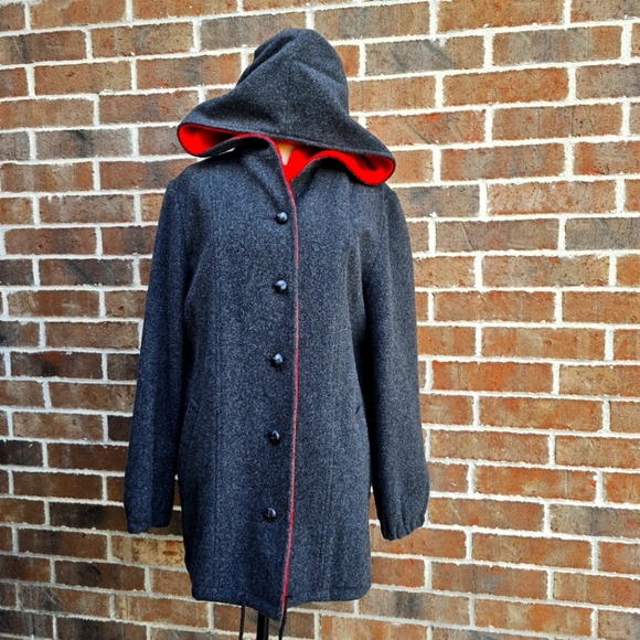 Vintage Gray Hooded Wool Coat with Red Interior Trim - Picture 2 of 16